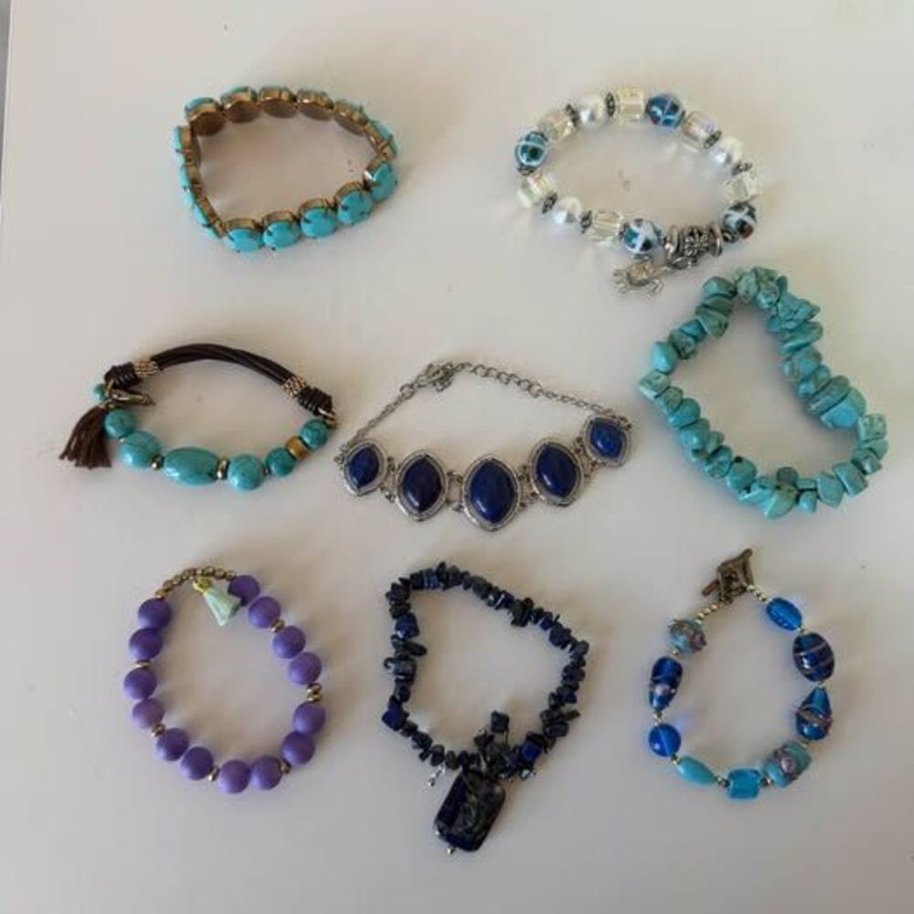 Lot of 8 Sea Style Bracelets – Lapis, Murano Style Glass, Sea Turtle & Boho